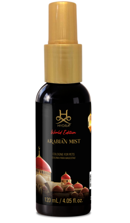 Hydra World Edition Cologne Arabian Mist, 120 mL black spray bottle with gold cap and red-domed city skyline label