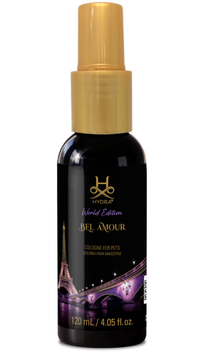 Hydra World Edition Cologne Bel Amour, 120 mL black spray bottle with gold cap and Eiffel Tower night scene label