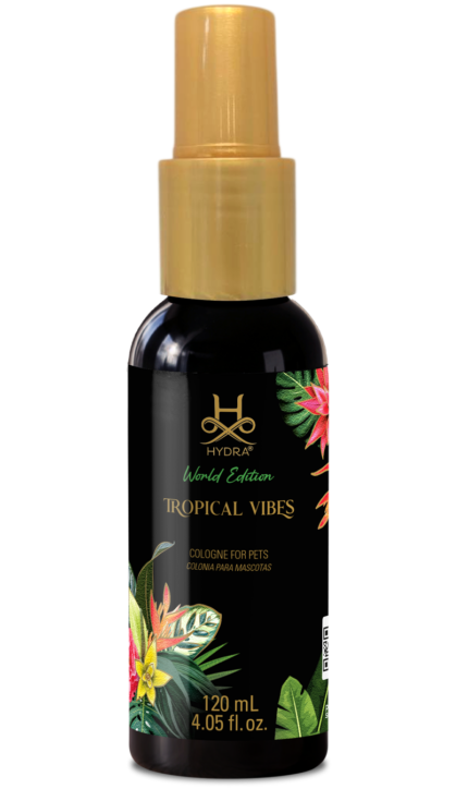 Hydra World Edition Cologne Tropical Vibes, 120 mL black spray bottle with gold cap and tropical flower label